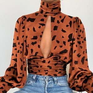 NWT CBR XL Leopard Print Mobwife High Neck Cut Out Back Satin Blouse